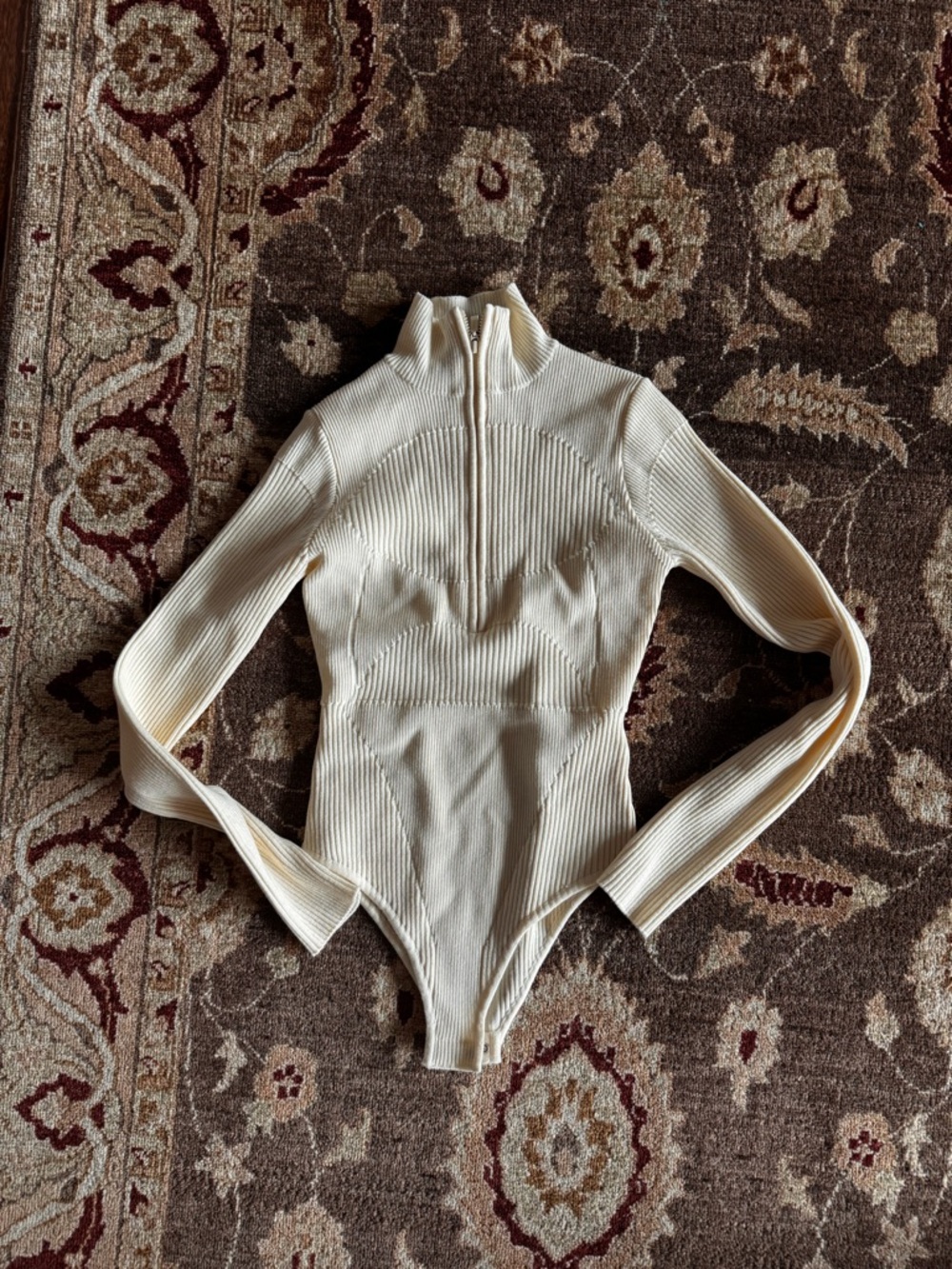 Long Sleeve Ribbed Zip-Neck Bodysuit in Cream